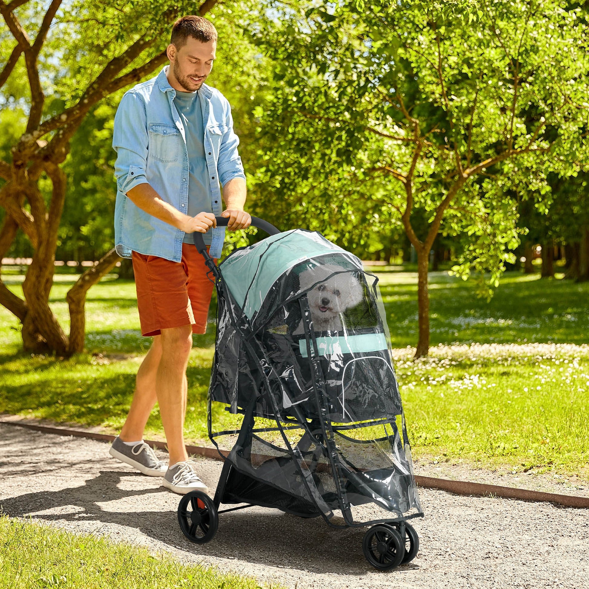 PawHut Foldable Pet Stroller with Rain Cover for XS and S-Sized Dogs Green