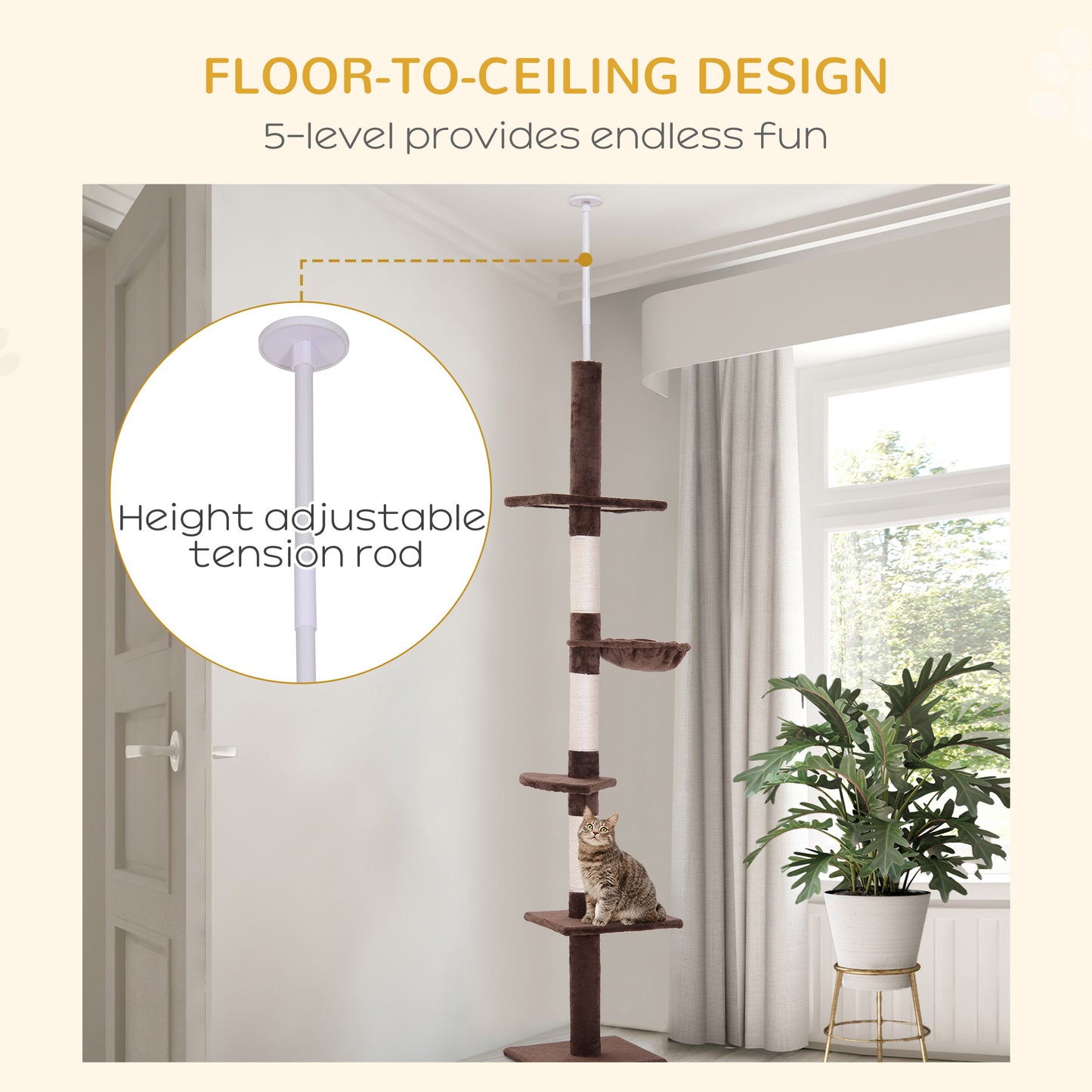 PawHut 5-Tier Floor to Ceiling Cat Tree, Tall Kitty Tower Climbing Activity Center Scratching Post Adjustable Height 230-260cm, Brown