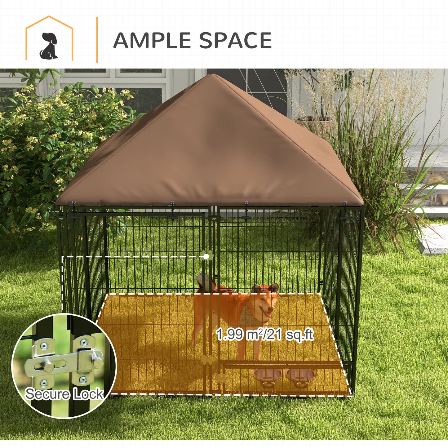 PawHut Outdoor Dog House Kennel with Water-resistant Roof Lockable Mesh Metal Cage Steel Fence, 141 x 141 x 121 cm