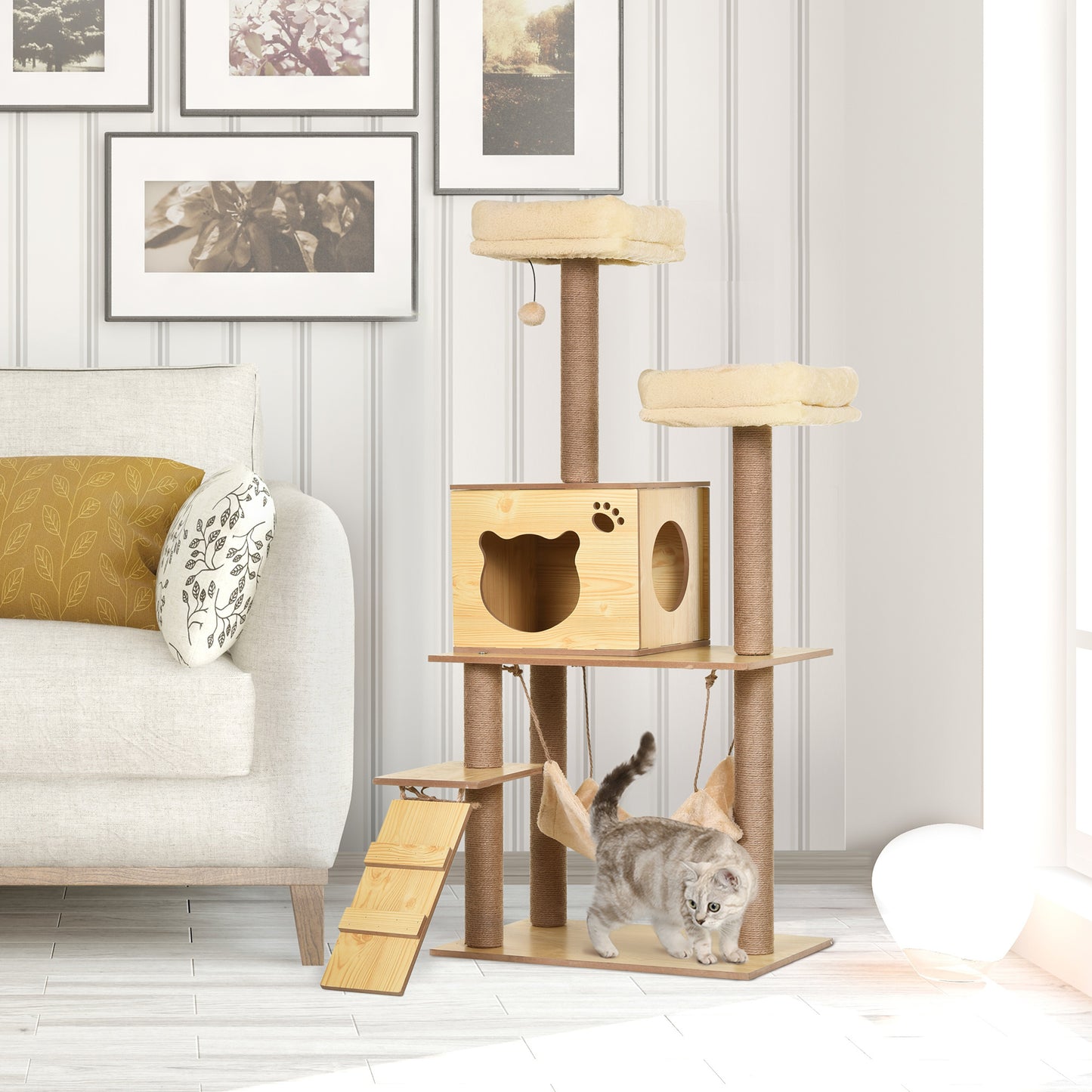 PawHut Cat Tree, 130cm Cat Tree for Indoor, Multi-Level Plush Cat Climbing Tower w/ Scratching Posts, Perches, Cat Condo, Ball for Large Cat, Yellow