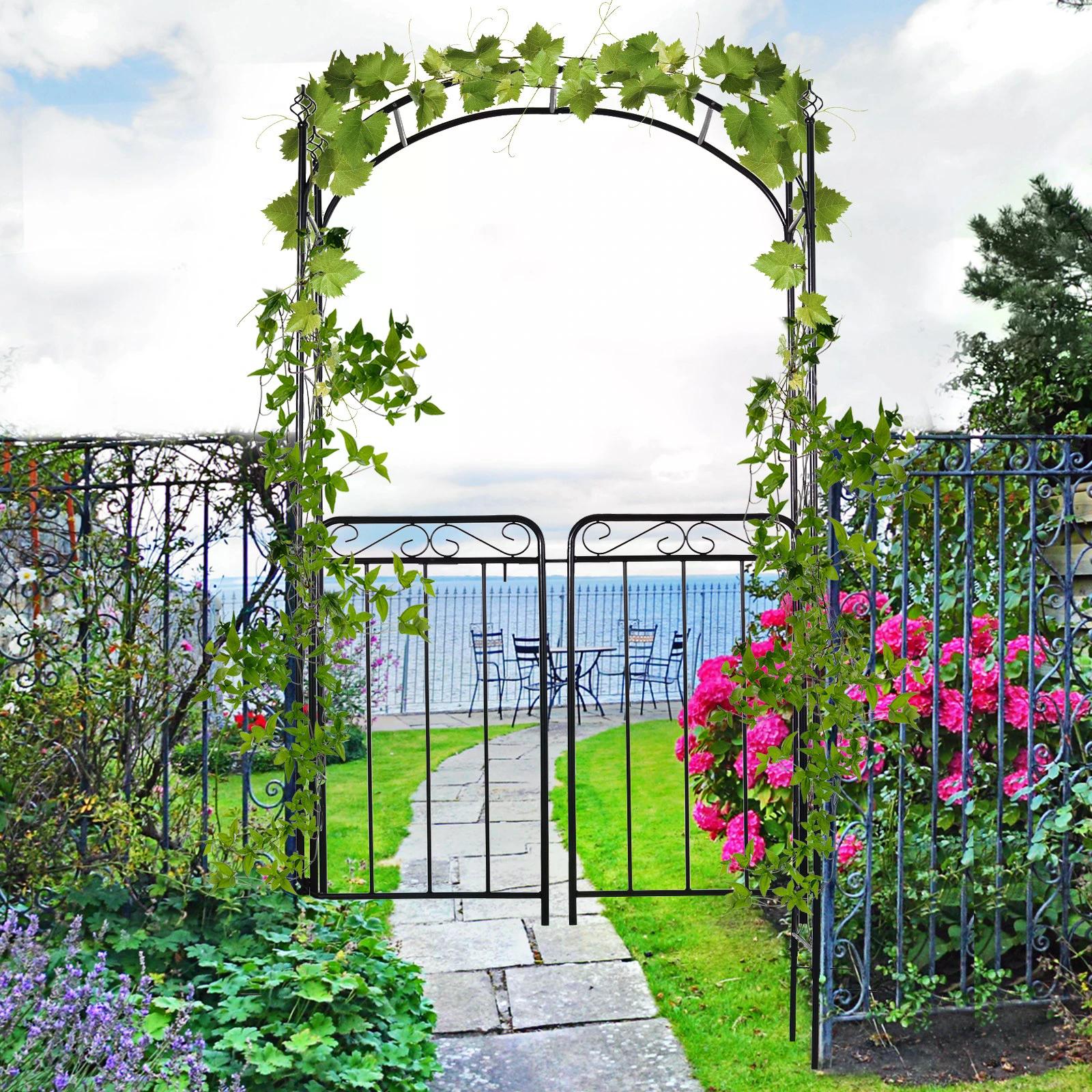 outsunny-garden-decorative-metal-arch-with-gate-outdoor-patio-trellis-arbor-for-climbing-plant-archway-antique-black-108l-x-45w-x-215hcm