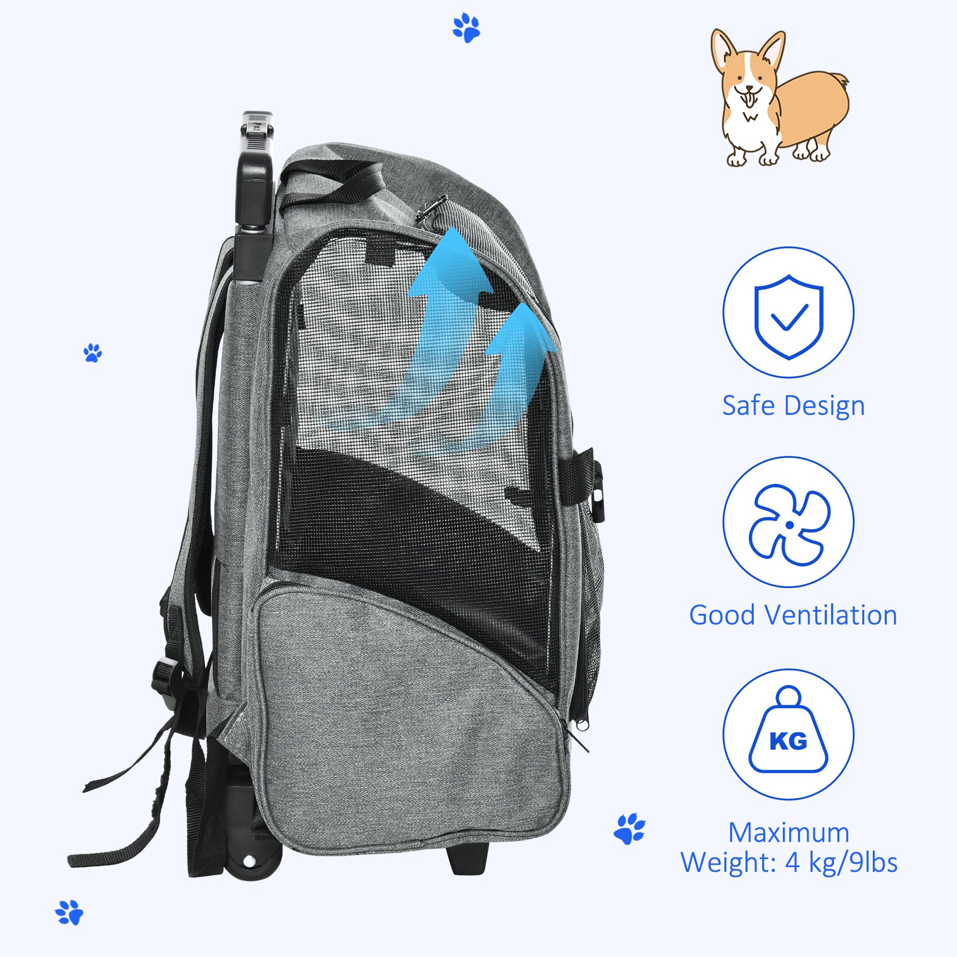 PawHut Travel Bag for Dogs Pet Carry Backpack w/ Trolley and Telescopic Handle Portable Stroller Wheel Luggage Bag, Grey