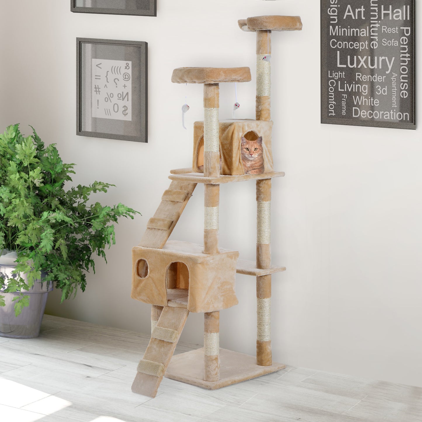 PawHut Cat Tree Kitten Kitty Scratching Scratcher Post Climbing Tower Activity Center House Cream