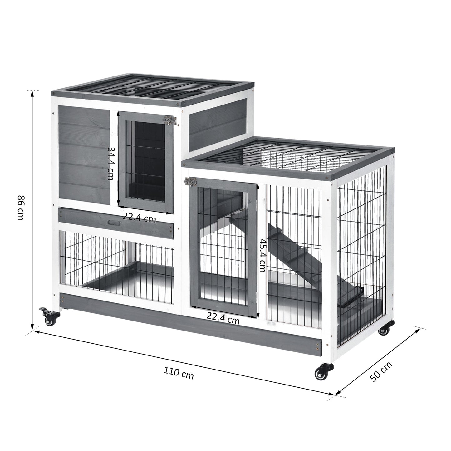 PawHut Wooden Indoor Guinea Pigs Hutches Elevated Cage Habitat with Enclosed Run with Wheels, Ideal for Rabbits and Guinea Pigs, Grey and White