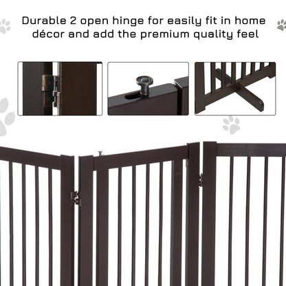 PawHut Pet Gate Freestanding Dog Gate For Stairs Wood Doorway Safety Pet Barrier Fence Foldable w/ Latch Support Feet Deep Brown, 155 x 76 cm