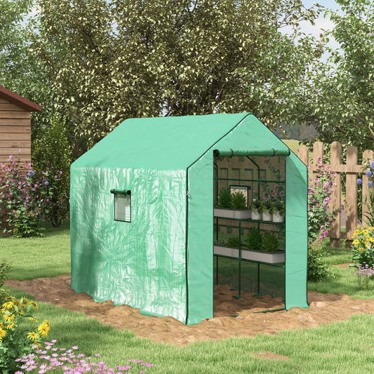 outsunny-walk-in-greenhouse-w-3-tier-shelves-green-house-garden-grow-house-w-pe-cover-roll-up-door-mesh-windows-140-x-213-x-190cm-green