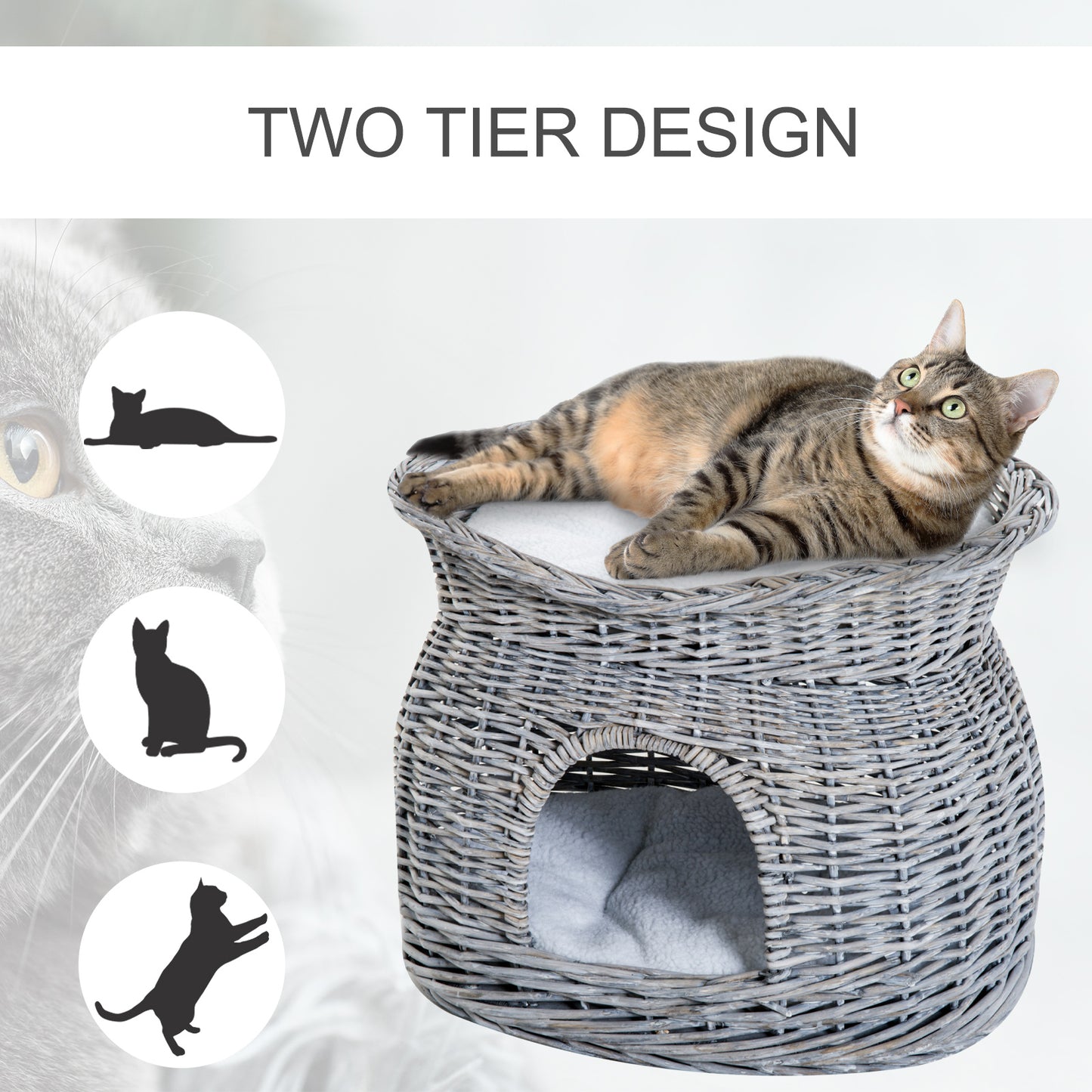 PawHut 2-Tier Elevated Cat Bed Basket W/Cushion-Grey