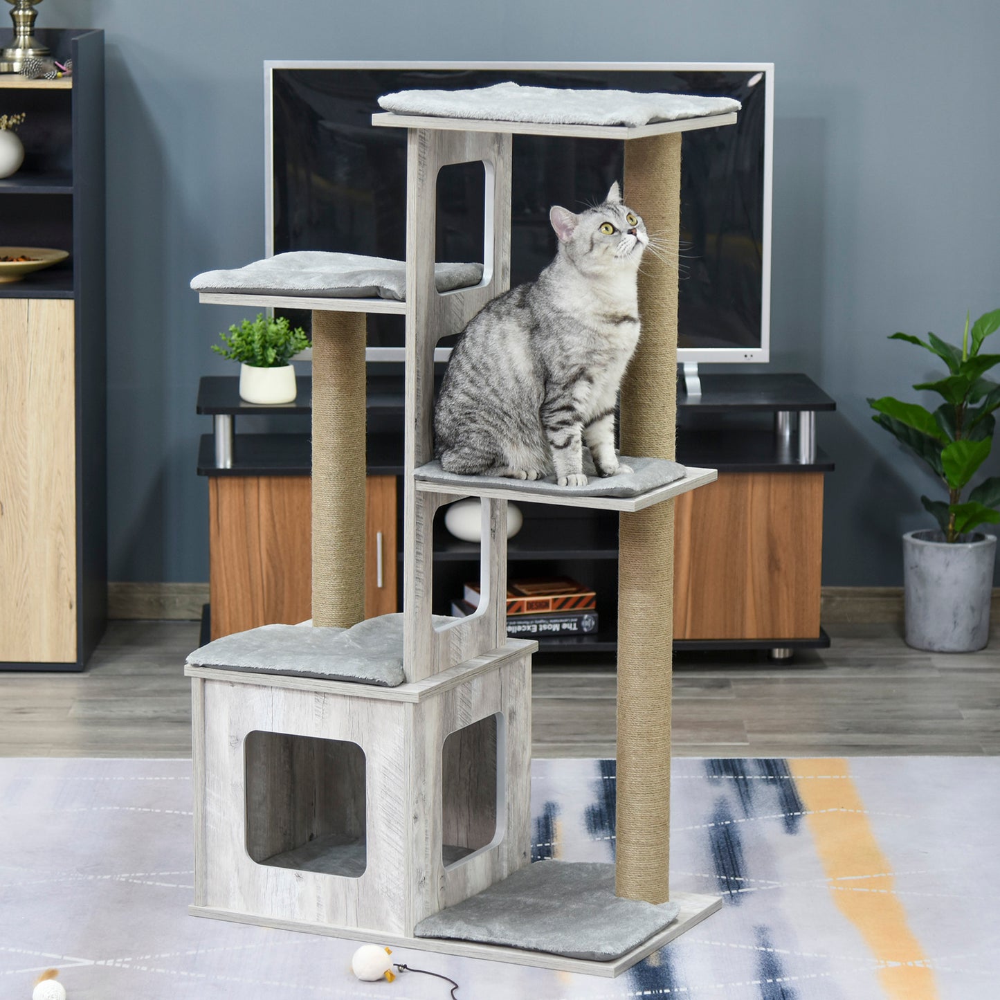 PawHut 114cm Cat Tree for Indoor Large Cats Condo Jute Scratching Post Cat Tower Kitten Play House Activity Center Furniture Grey