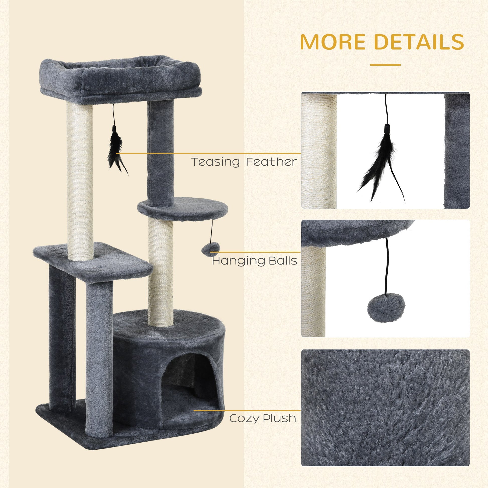 PawHut 100cm Cat Tree for Indoor Cats, Multi-Activity Cat Tower with Perch House Scratching Post Platform Play Ball Rest Relax, Grey and White