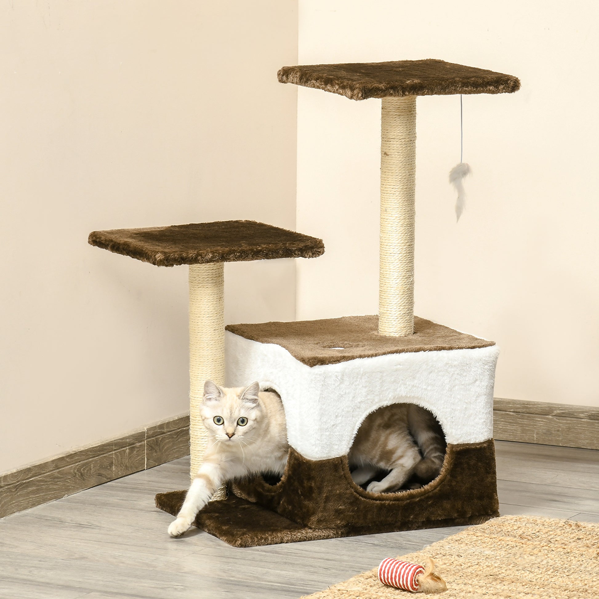 PawHut Cat Scratching Post Cat Tree with Condo Perch Interactive Mouse Toy, 45 x 33 x 70 cm, Brown