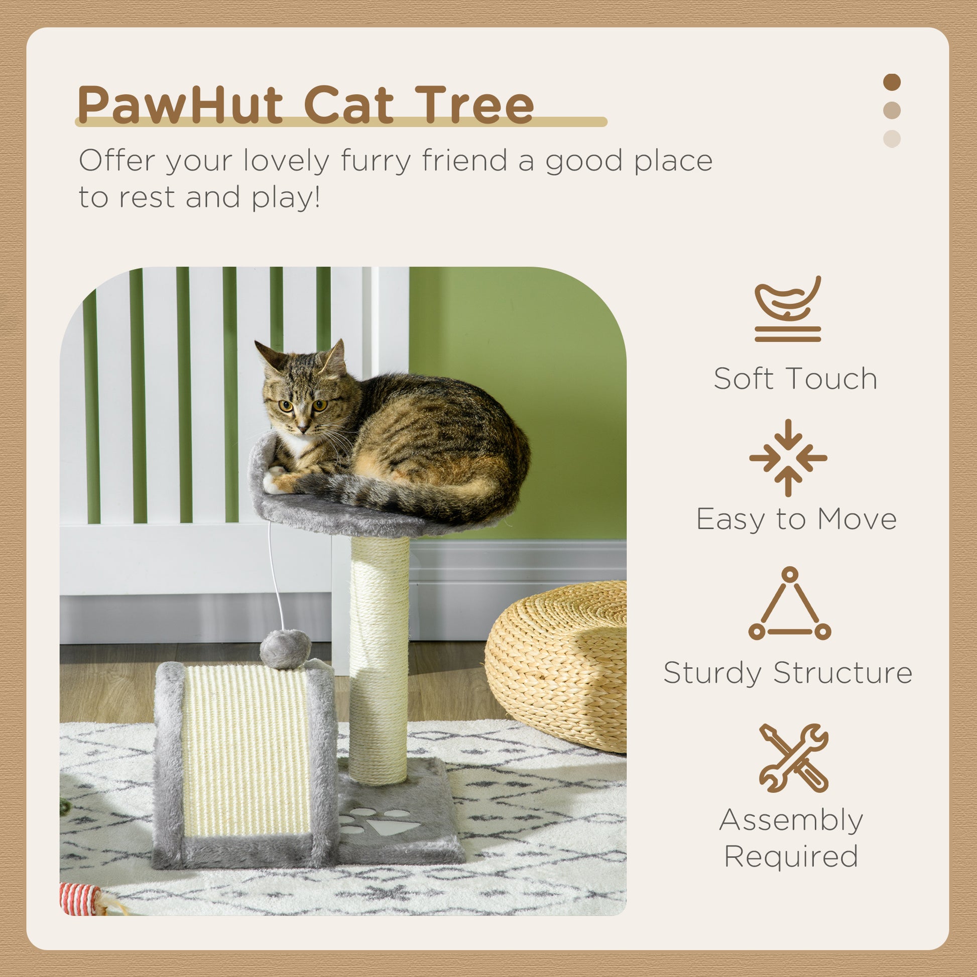 PawHut Cat Scratching Post, Cat Tree Scratching Kitten Activity Centre Climber Hanging Ball, Scratch Post for Indoor Cats, Grey