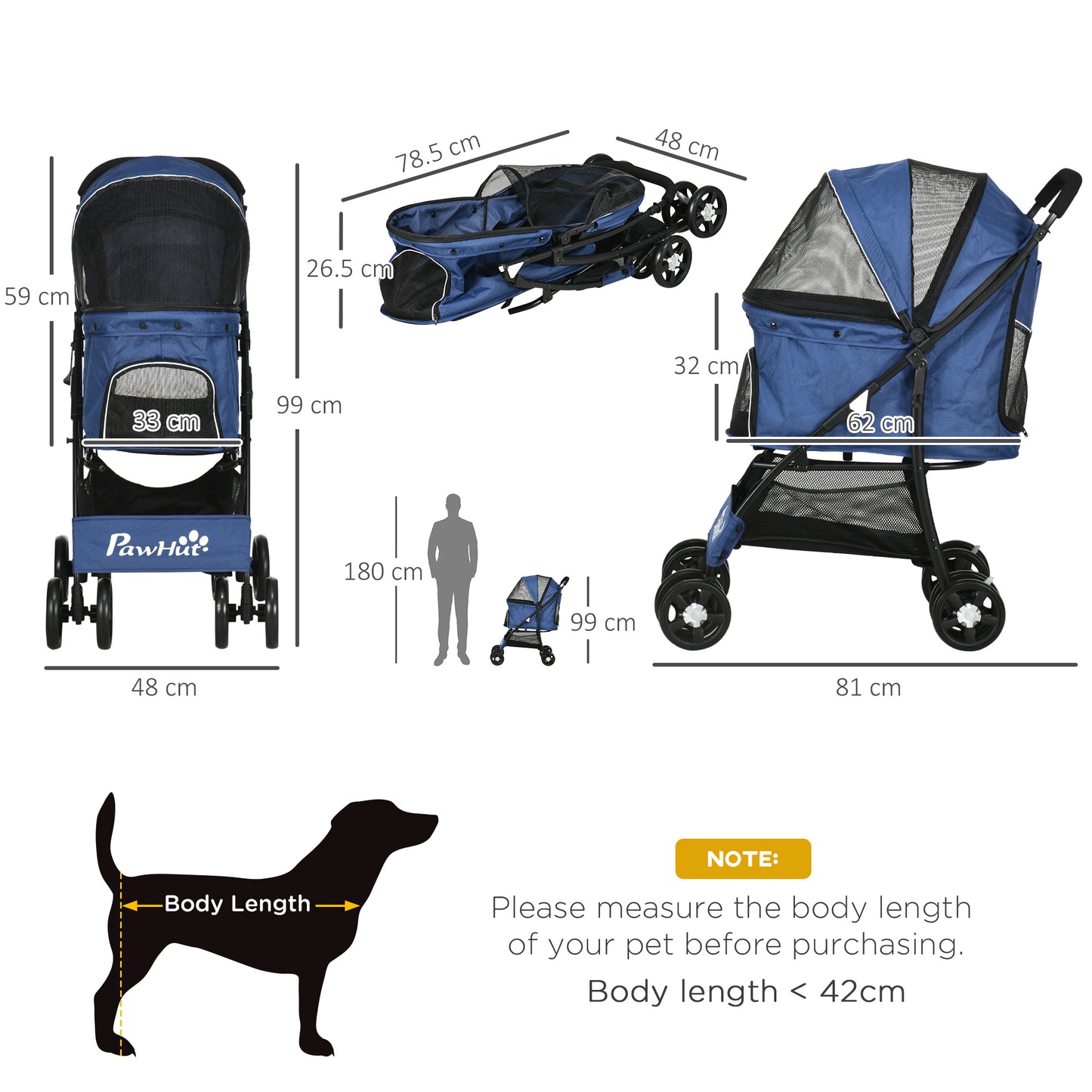 PawHut Pet Stroller, Dog Cat Travel Carriage, Foldable Carrying Bag with Large Carriage, Universal Wheels, Brake Canopy, Basket Storage Bag Dark Blue