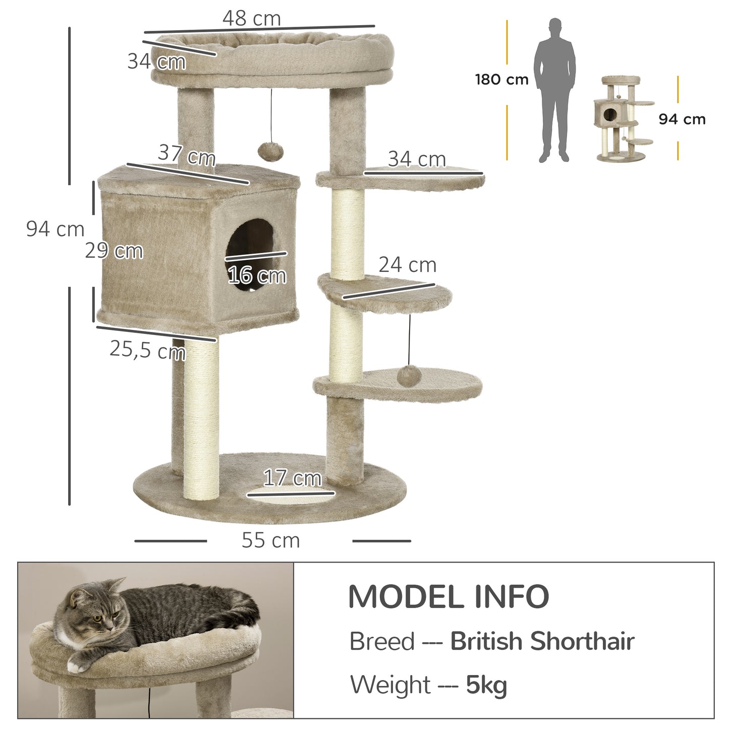 PawHut Cat Tree, Cat Tower for Indoor Cats with Sisal Scratching Post, Ramp, Kitten Bed, Condo, Ball Toy, Brown, 55x55x94 cm