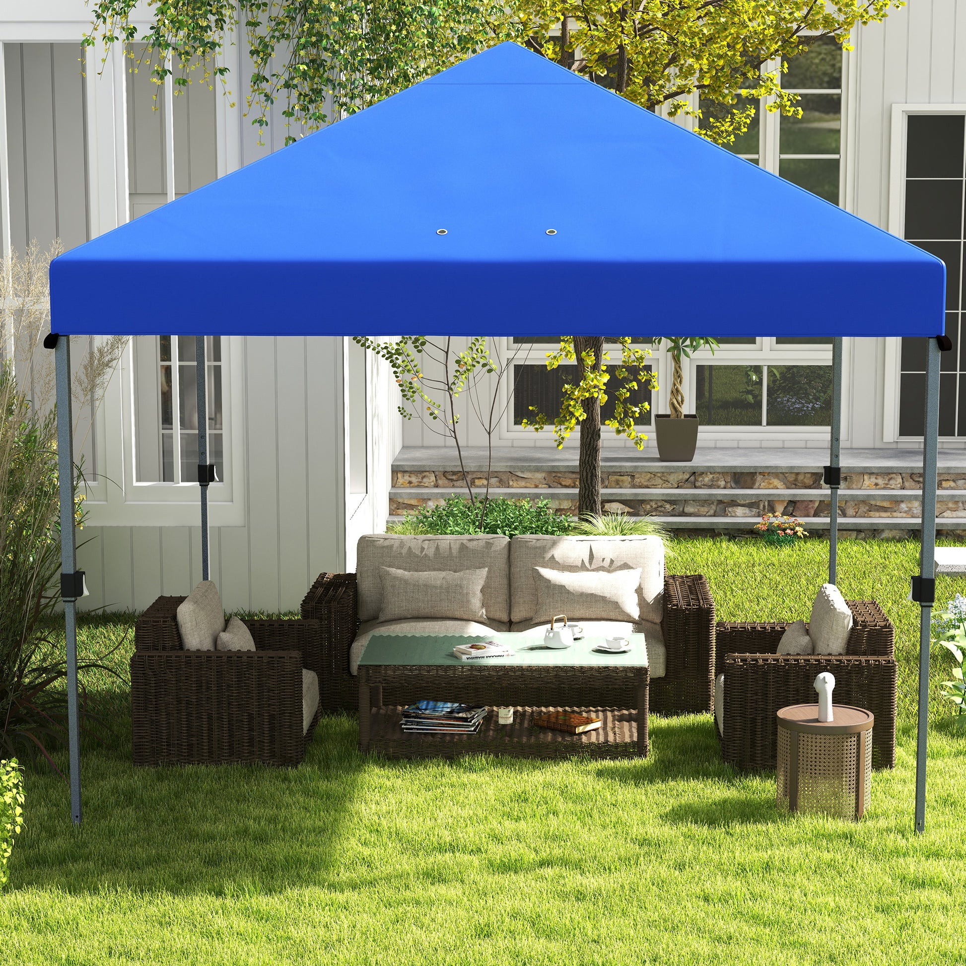 outsunny-3-x-3m-pop-up-gazebo-1-person-easy-up-marquee-party-tent-with-1-button-push-adjustable-straight-legs-wheeled-bag-stakes-ropes-sandbags-instant-shelter-blue