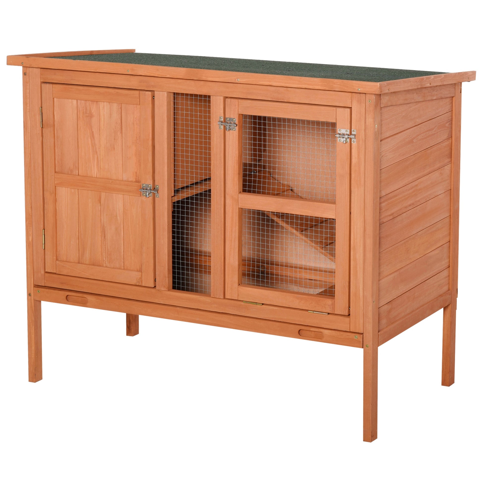 PawHut Wooden Guinea Pigs Hutches Elevated Pet House Bunny Cage with Slide-Out Tray Lockable Door Outdoor Openable Roof 102 x 56 x 85cm Natural