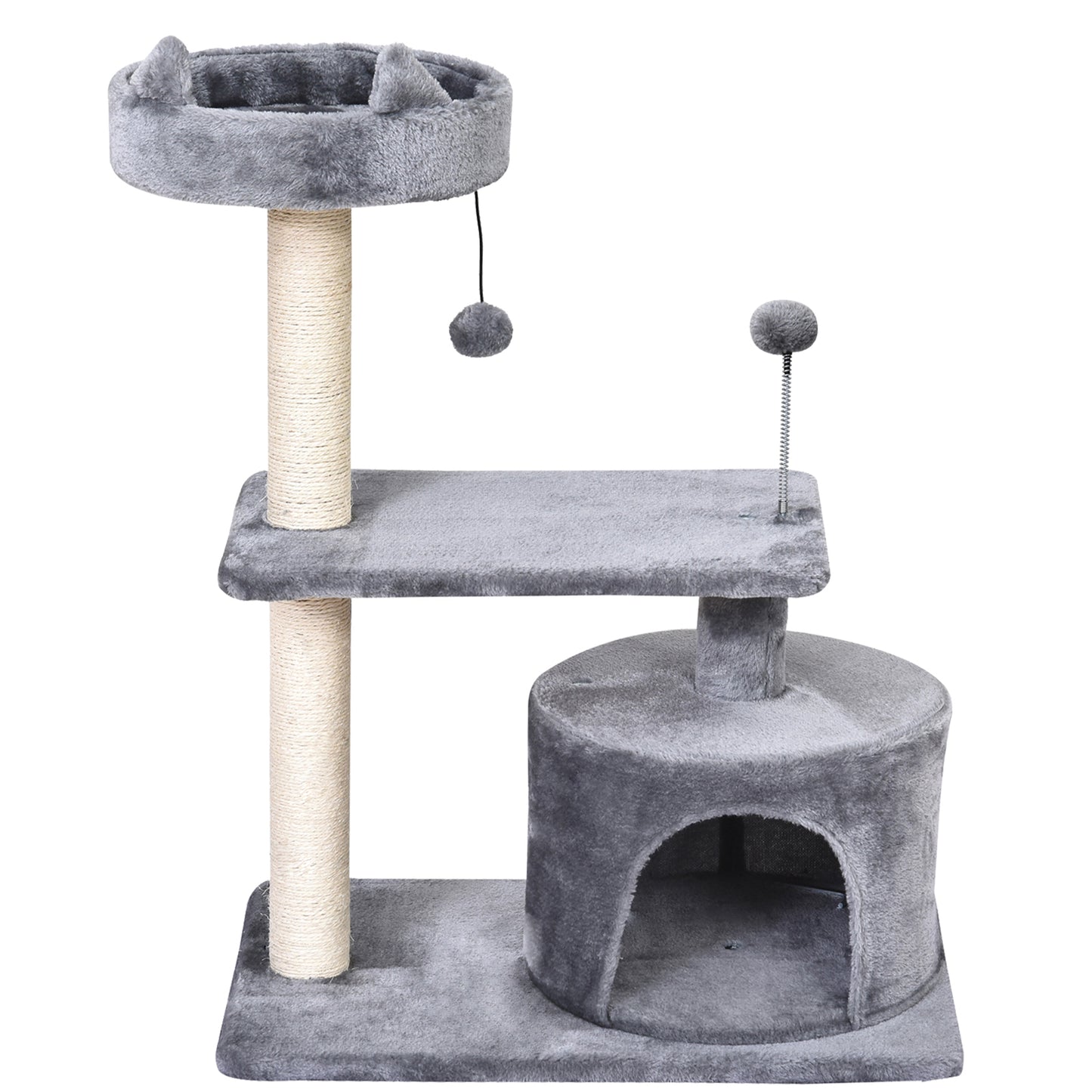 PawHut Cats 3-Tier Sisal Rope Scratching Post w/ Toys Grey