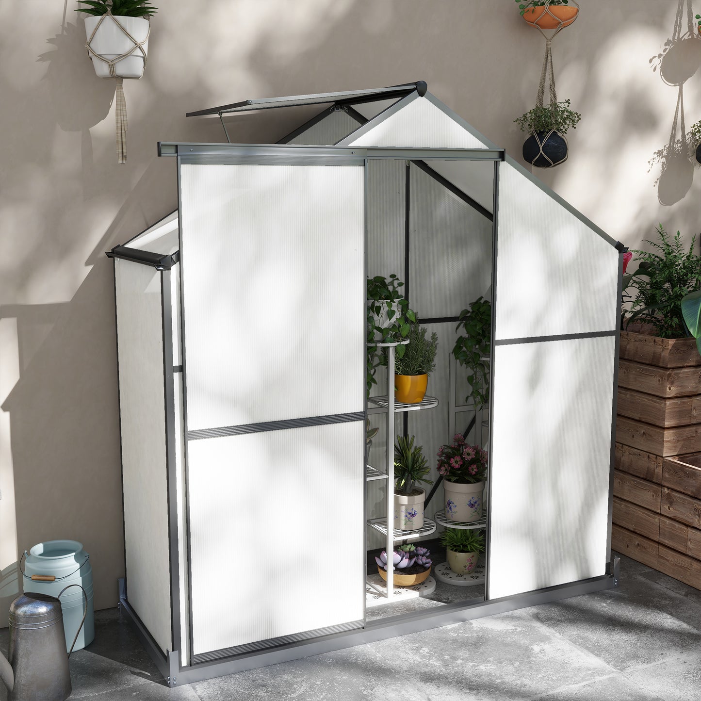 outsunny-6-x-2-5ft-polycarbonate-greenhouse-walk-in-green-house-with-rain-gutter-sliding-door-window-foundation-dark-grey