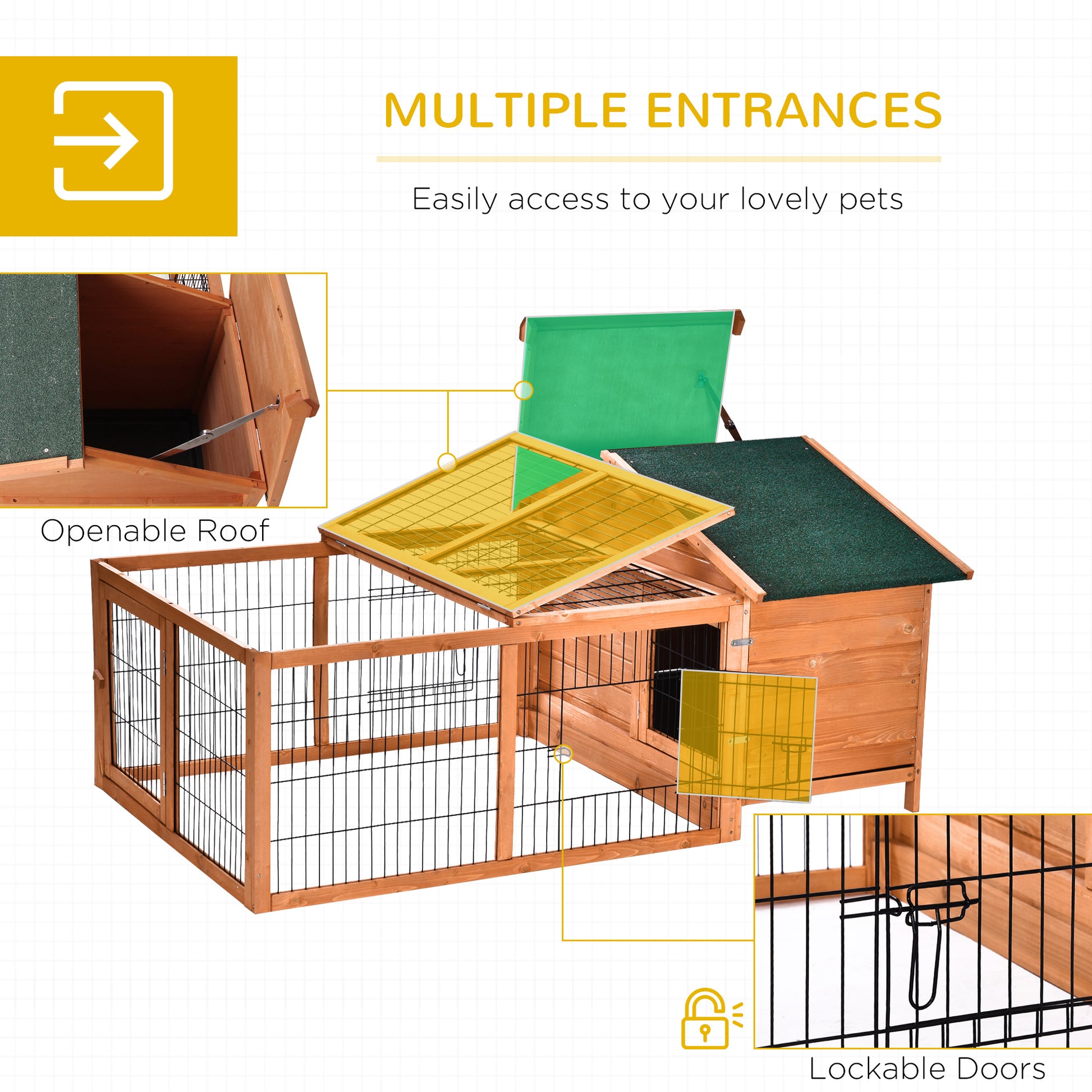 PawHut Wooden Rabbit Hutch Outdoor, Guinea Pig Hutch, Detachable Rabbit Cage w/Openable Run & Roof Lockable Door Slide-out Tray Golden Red