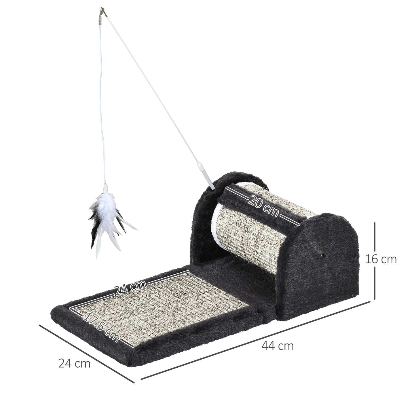 PawHut Cat Scratcher Sisal Scratching Pad Mat Board Kitten Toy with Roller Feather Teaser, 44 x 24 x 16 cm, Grey