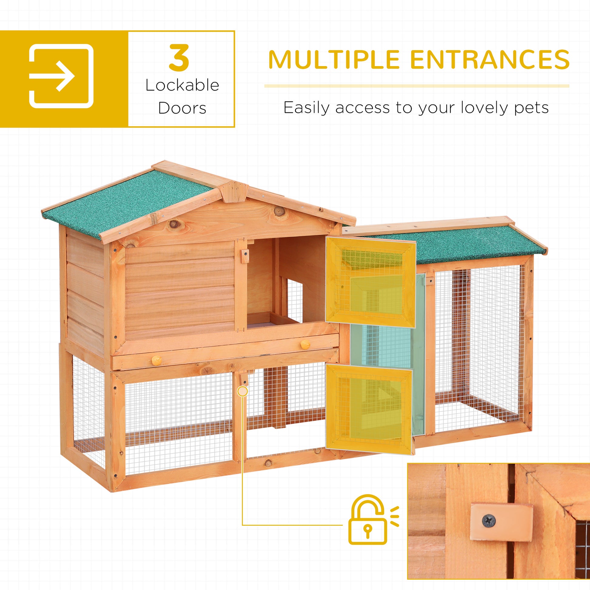 PawHut Wooden Rabbit Hutch and Run Guinea Pig Hutch Outdoor Bunny Cage Pull Out Tray Small Animal House 145 x 45 x 85 cm