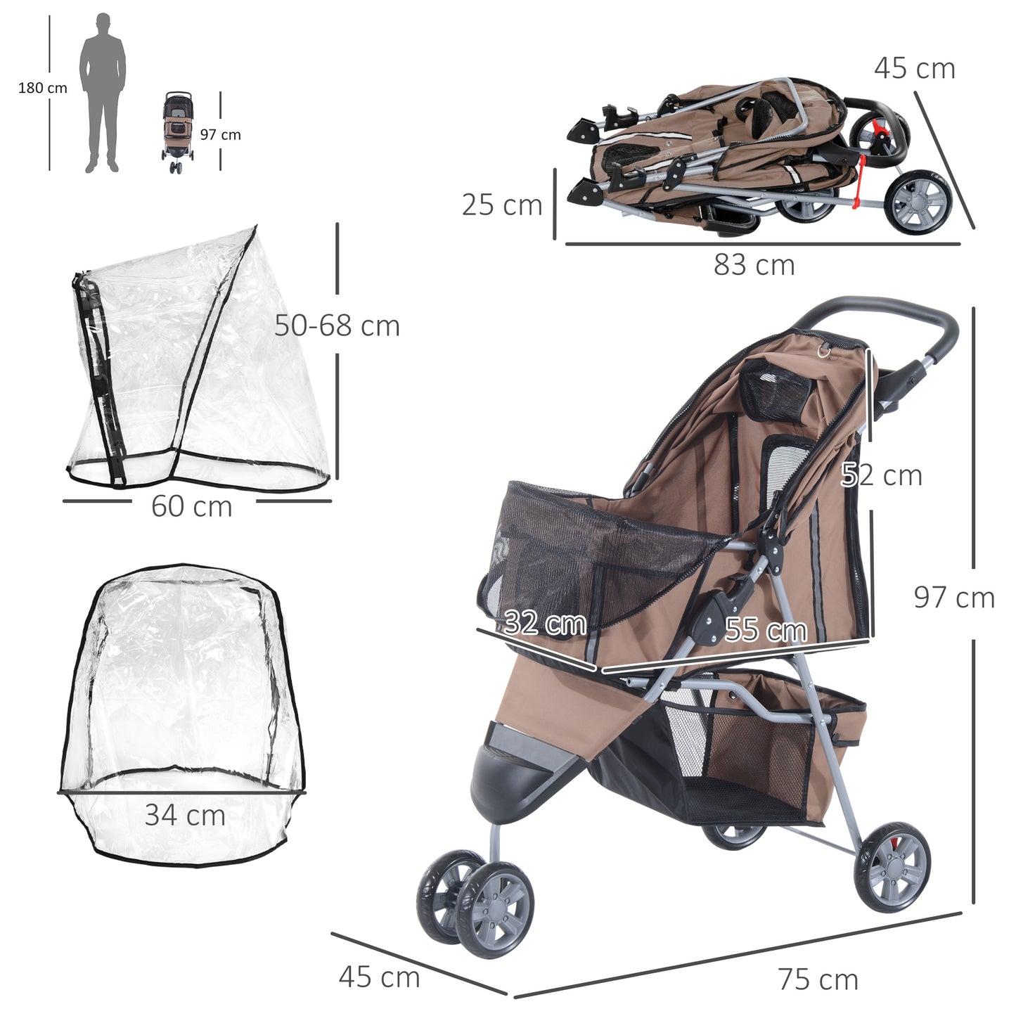 PawHut Dog Stroller with Cover for Small Miniature Dogs, Folding Cat Pram Dog Pushchair with Cup Holder, Storage Basket, Reflective Strips, Brown