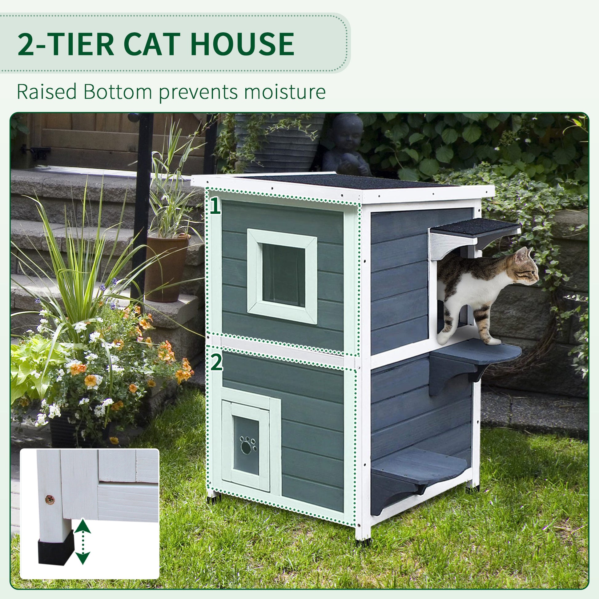 PawHut Solid Wood 2-Floor Cat Condo Kitten Shelter with Window