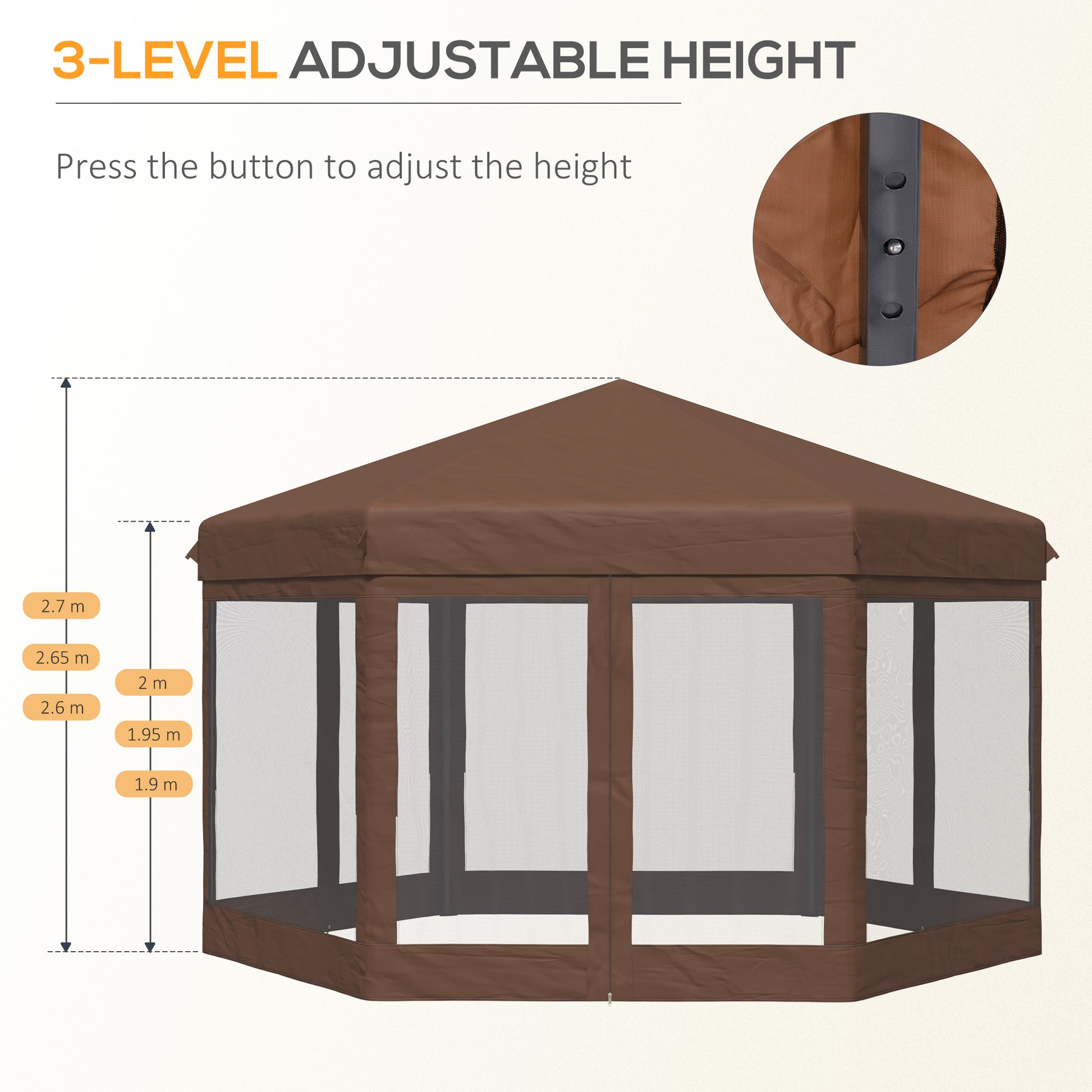 outsunny-3x3-5m-hexagonal-pop-up-gazebo-party-canopy-height-adjustable-tent-sun-shelter-w-mosquito-netting-zipped-door-brown