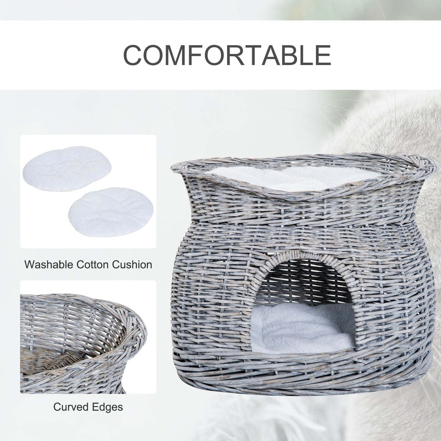 PawHut 2-Tier Elevated Cat Bed Basket W/Cushion-Grey