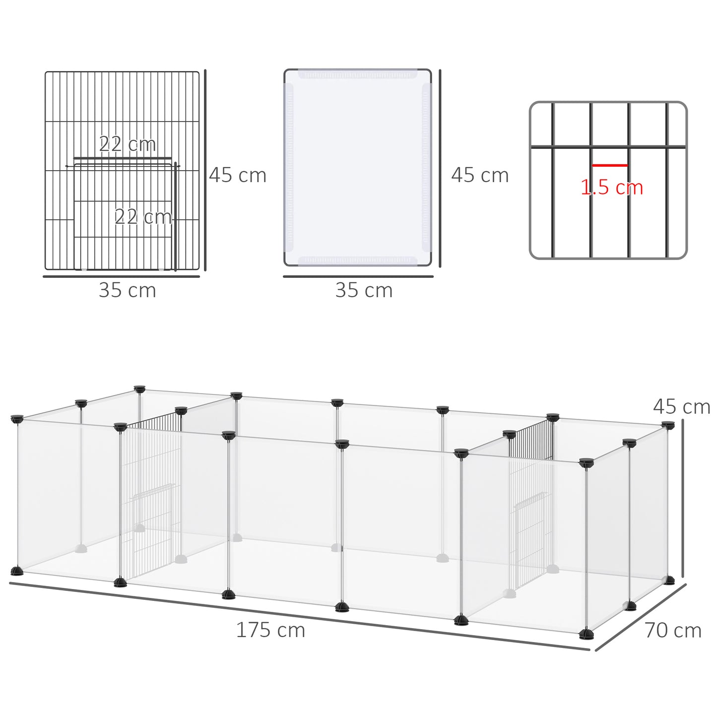 PawHut Pet Playpen DIY Small Animal Cage 18 Panels Portable Metal Wire Yard Fence for Guinea Pigs Hedgehogs, 175 x 70 x 45 cm, White