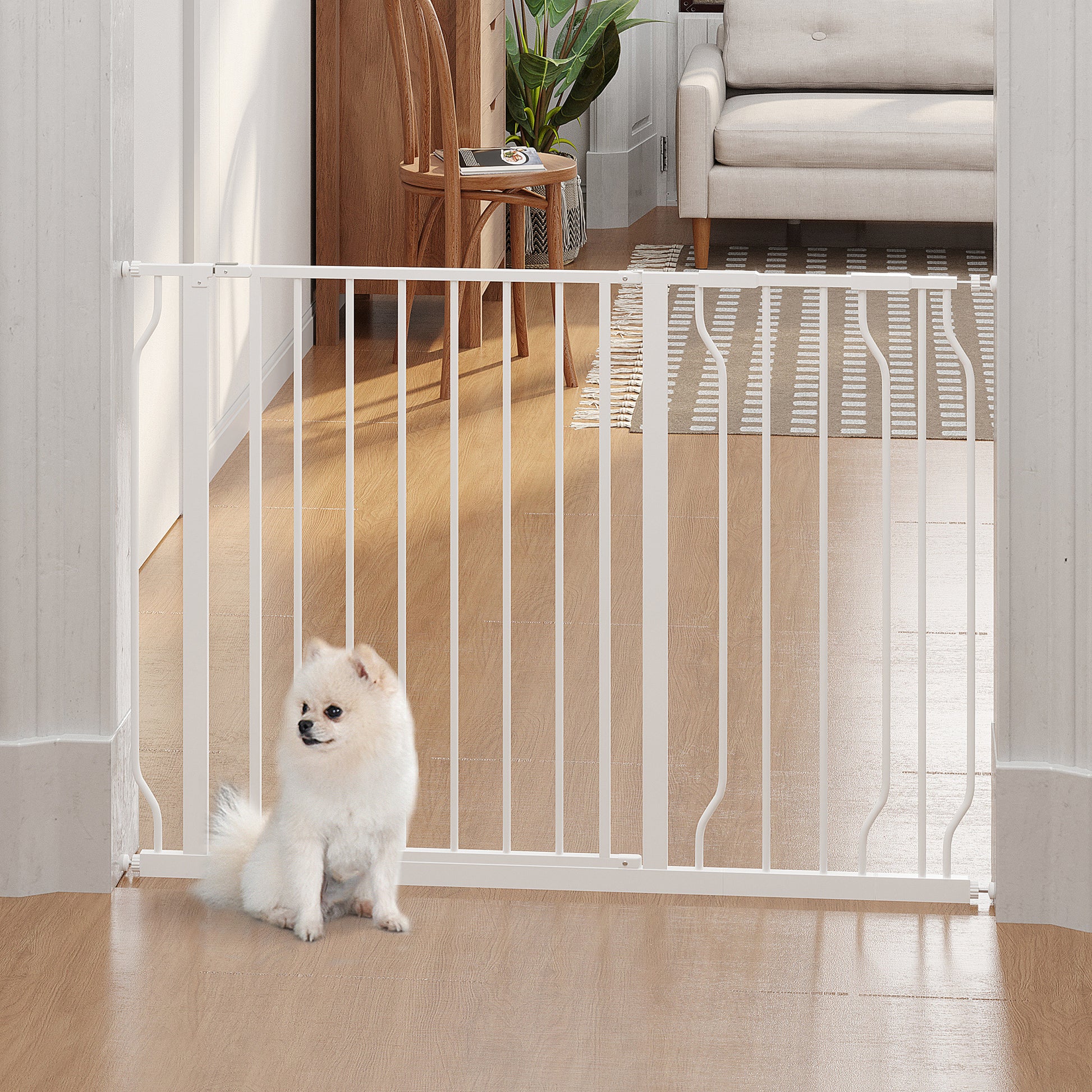 PawHut Expandable Dog Gate with Door pressure,75-115cm Doorway Pet Barrier Fence for Hallways, Staircases, White