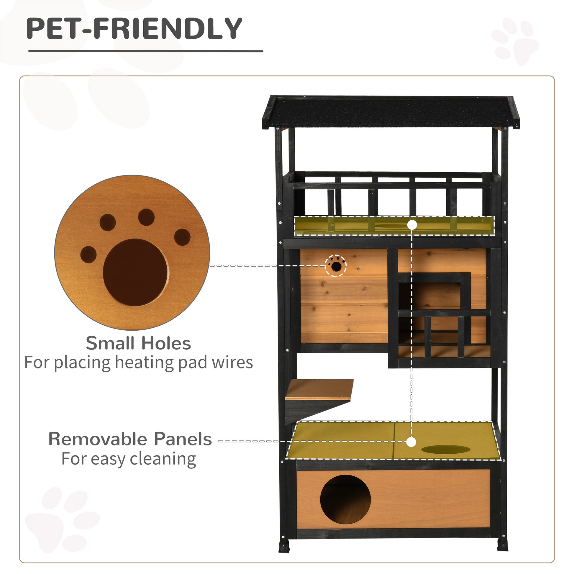 PawHut Wooden Cat House 3-Tier for Winter Kitten Shelter Lodge w/ Tilted Roof Terrace Jump Step Bottom Tray Elevated Base, Yellow