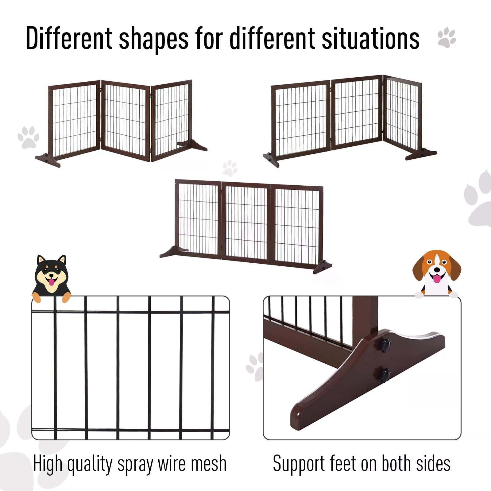 PawHut 3 Panel Pet Gate Pine Frame Indoor Foldable Dog Barrier w/Supporting Foot Dividing Line Aisles Stairs