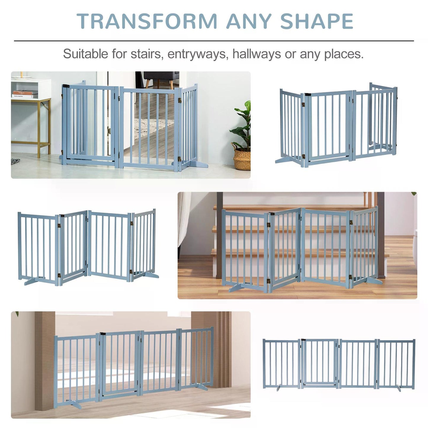 PawHut Pet Gate for Small and Medium Dogs, Freestanding Wooden Foldable Dog Safety Barrier with 4 Panels, 2 Support Feet for Doorways, Stairs, Blue