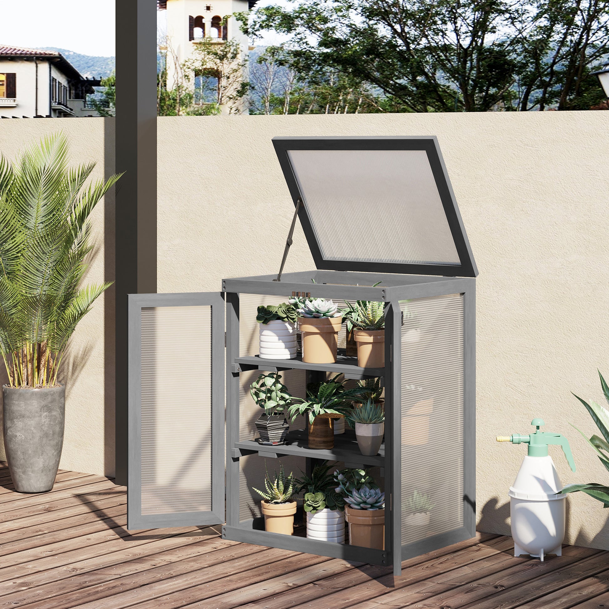 outsunny-3-tier-wood-greenhouse-garden-polycarbonate-cold-frame-grow-house-w-storage-shelf-for-plants-flowers-dark-grey