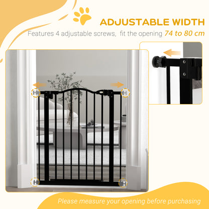 PawHut Metal 74-80cm Adjustable Pet Gate Safety Barrier w/ Auto-Close Door Black