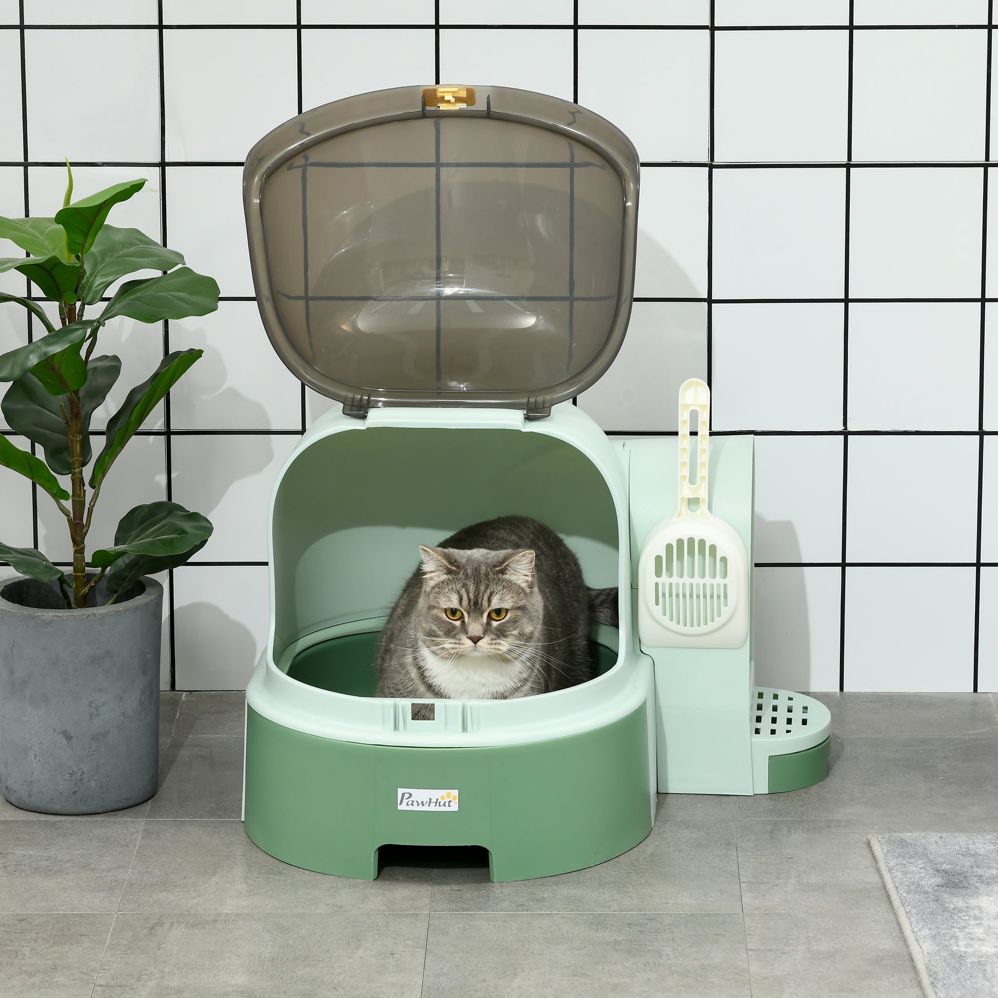 PawHut PP Cat Litter Box with Drawer Pans Scoop Openable Cover Green