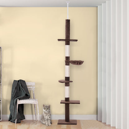 PawHut 5-Tier Floor to Ceiling Cat Tree, Tall Kitty Tower Climbing Activity Center Scratching Post Adjustable Height 230-260cm, Brown