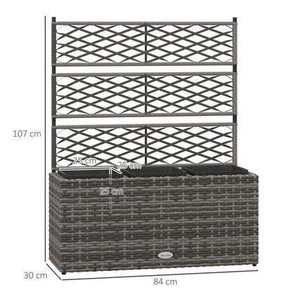 outsunny-33l-garden-pe-rattan-planter-w-trellis-free-standing-flower-raised-bed-garden-planter-for-climbing-plants-84-x-30-x-107cm-light-grey