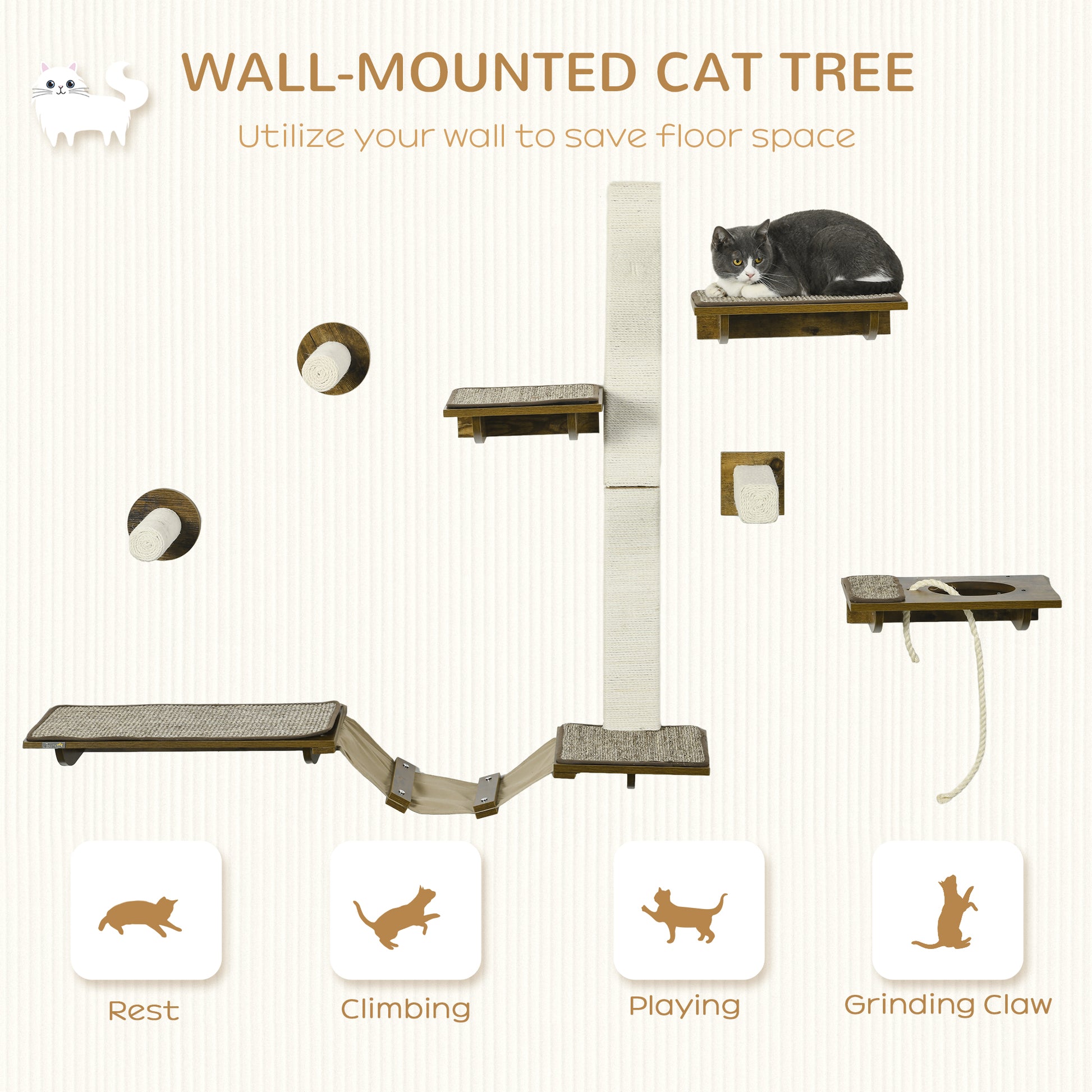 PawHut 8Pcs Wall Mounted Cat Tree with Scratching Posts, Perches, Ladder, for Sleeping, Playing, Lounging, Brown