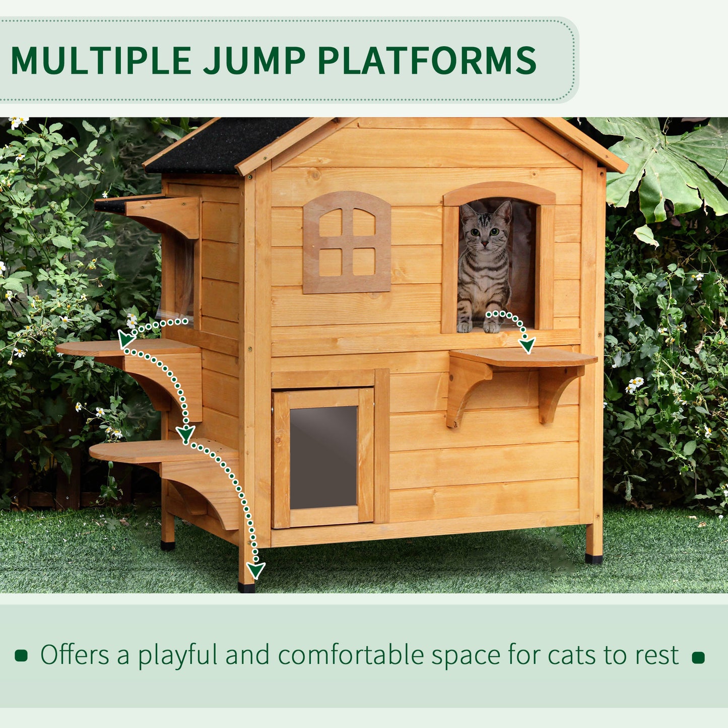 PawHut Wooden Cat House Condos Cat Cave Pet Shelter 2 Floor Villa Outdoor Furniture Natural Wood Finish