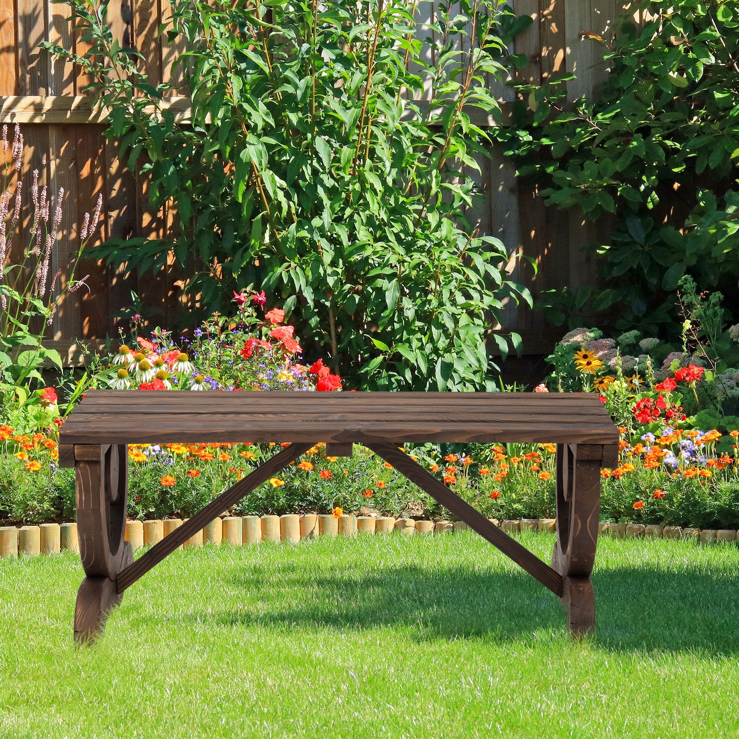 outsunny-garden-rustic-wooden-bench-wheel-shaped-legs-slatted-seats-stable-reinforced-structure-outdoor-patio-garden-2-person-bench-seat-brown