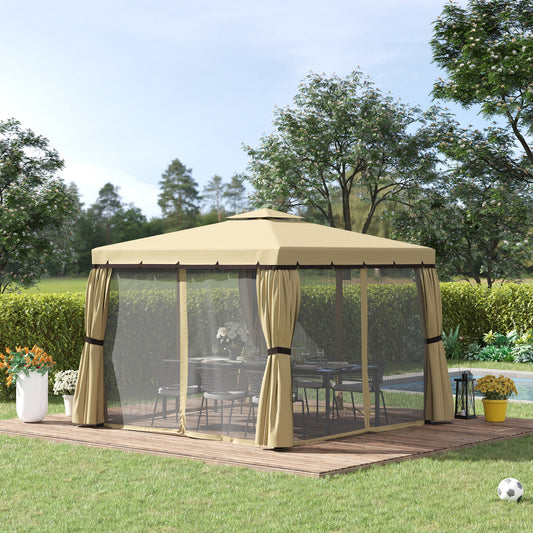 outsunny-3-x-3m-garden-gazebo-pavilion-tent-shelter-with-2-tier-water-repellent-roof-mosquito-netting-and-curtains-aluminium-frame-beige