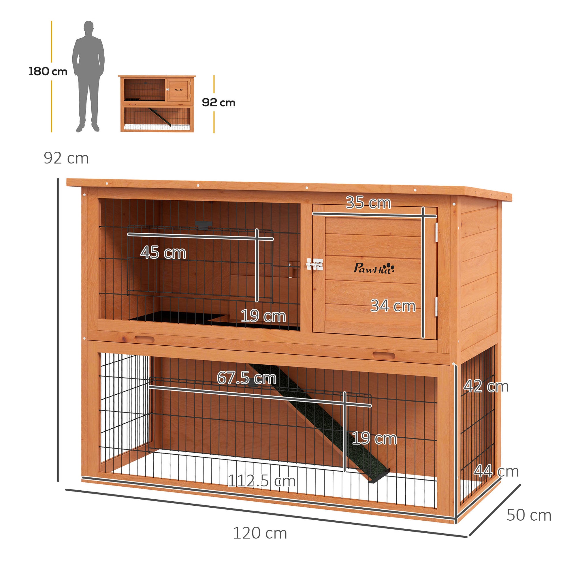 PawHut 2 Tier Antiseptic Wood Rabbit Hutch with Run Outdoor 92cm Orange