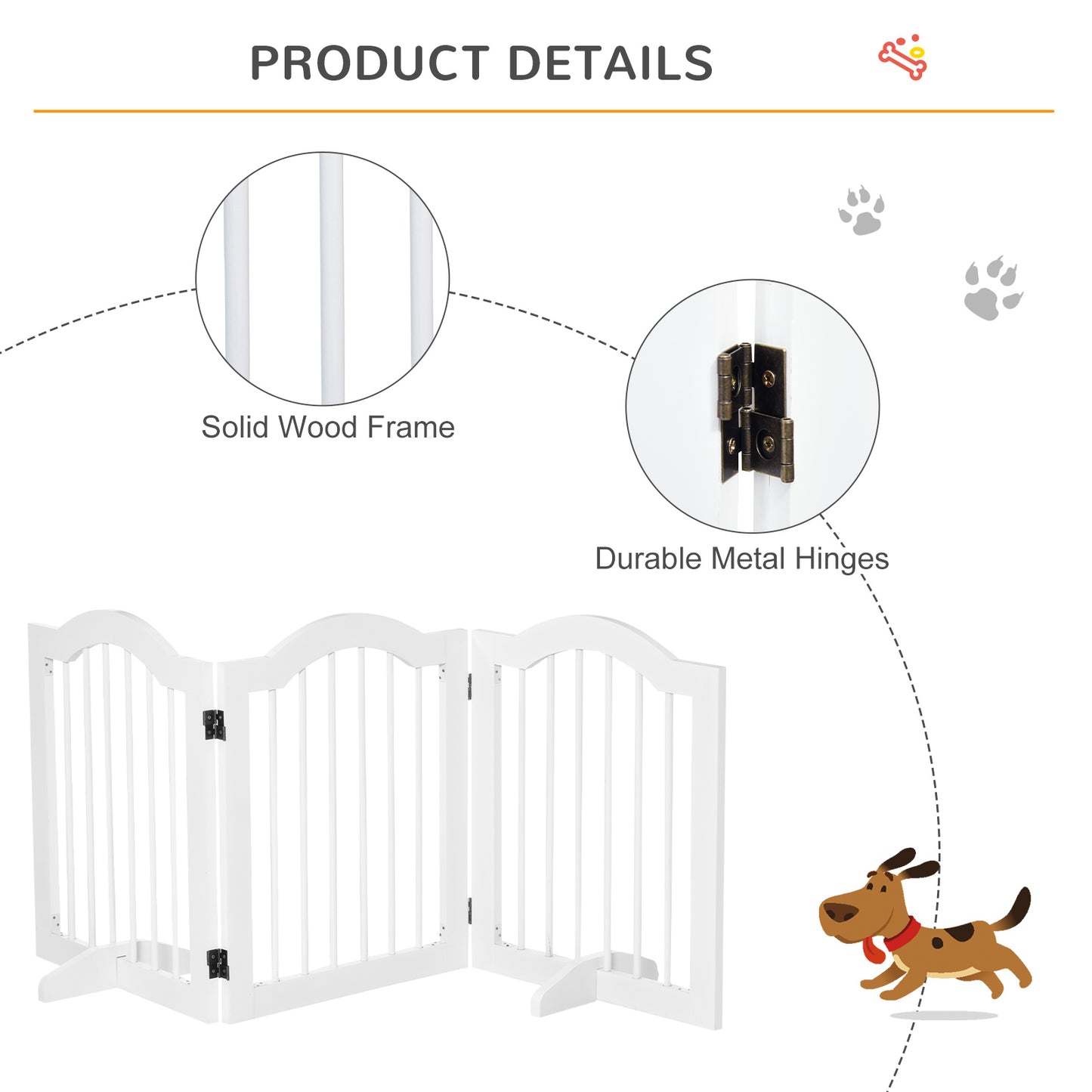 PawHut Dog Gate Wooden Foldable Small Sized Pet Gate Stepover Panel with Support Feet Freestanding Safety Barrier for the House Doorway Stairs White