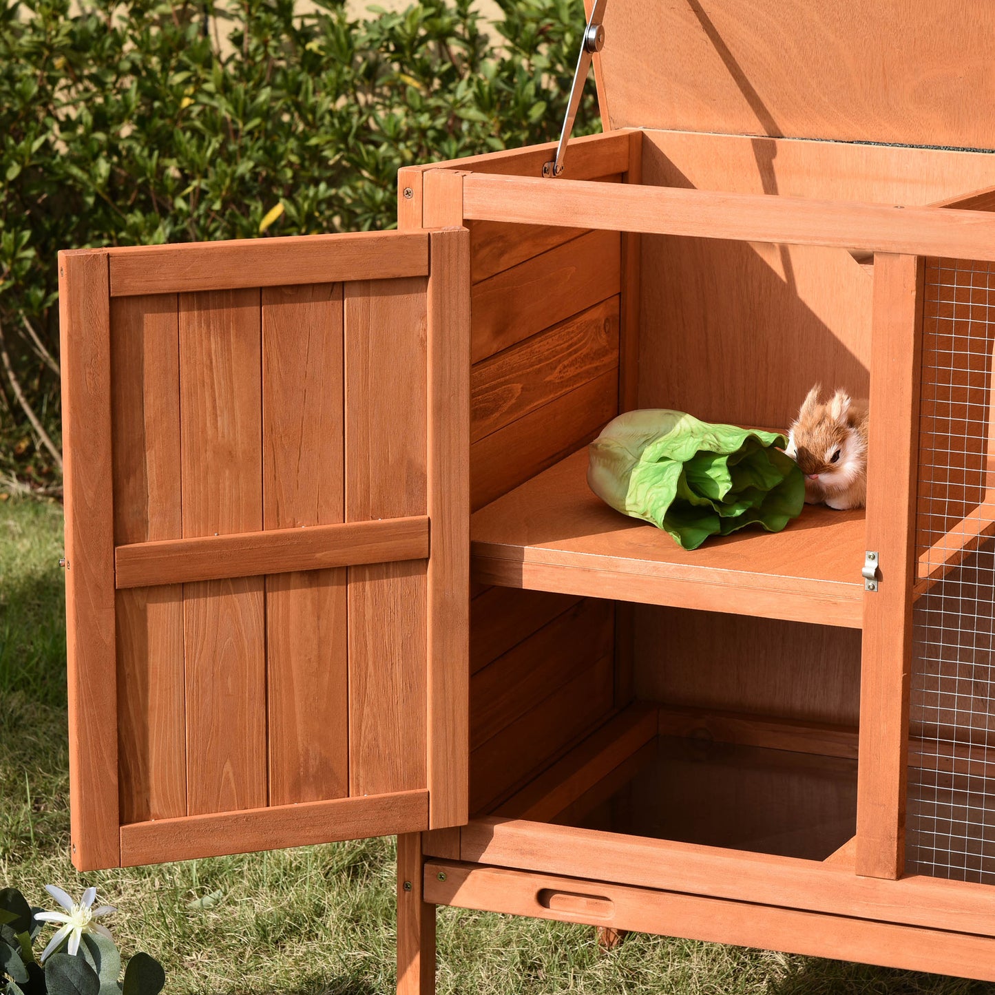 PawHut Wooden Guinea Pigs Hutches Elevated Pet House Bunny Cage with Slide-Out Tray Lockable Door Outdoor Openable Roof 102 x 56 x 85cm Natural