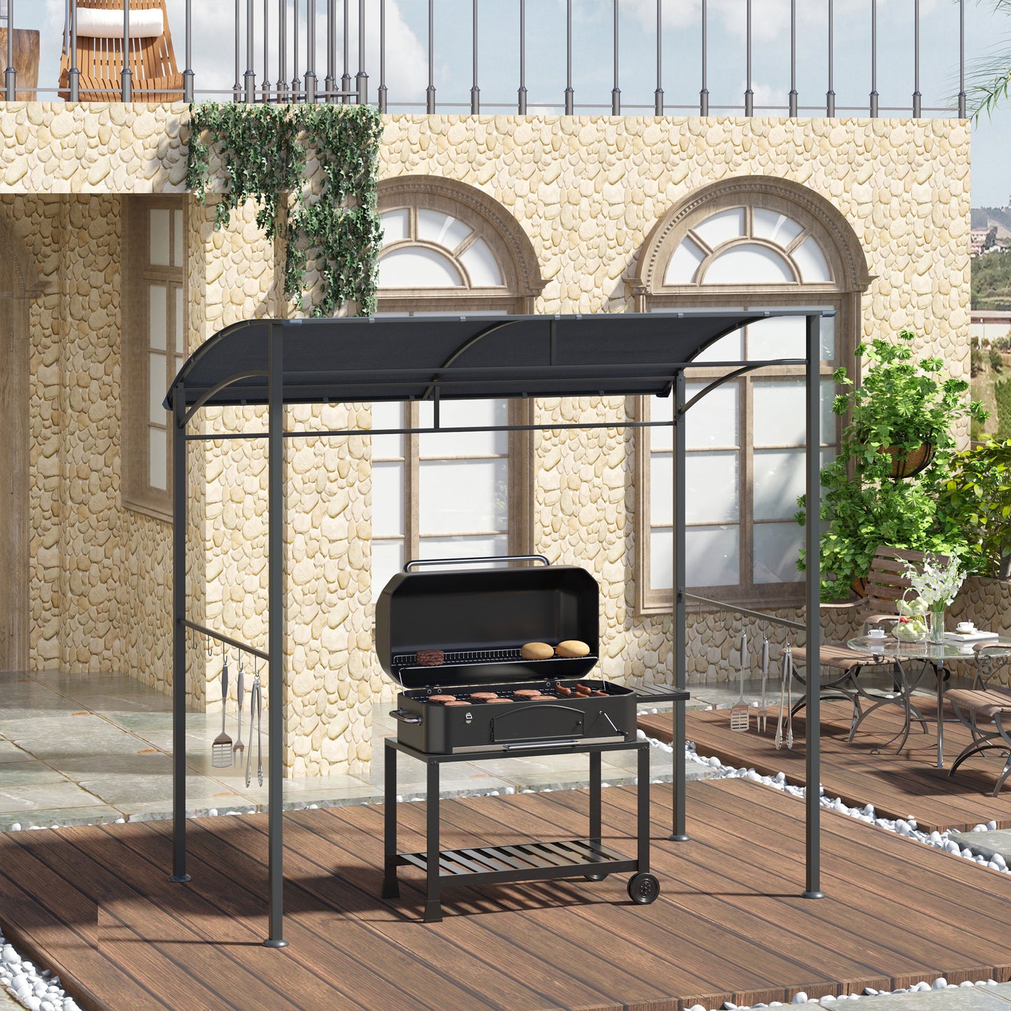 outsunny-2m-7ft-bbq-grill-gazebo-tent-garden-grill-metal-frame-and-canopy-with-hooks-outdoor-sun-shade-grey