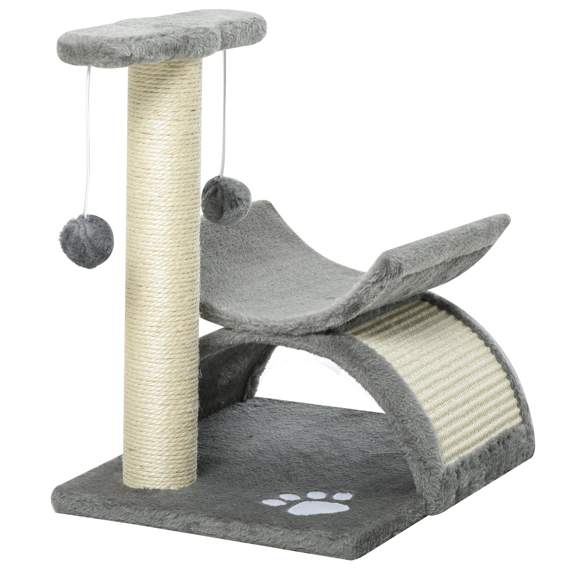 PawHut Cat Tree with Sisal Scratching Post, Cat Tower for Kittens, Small Cat Condo with Rotatable Top Bar, Tunnel, Dangling Balls, Grey