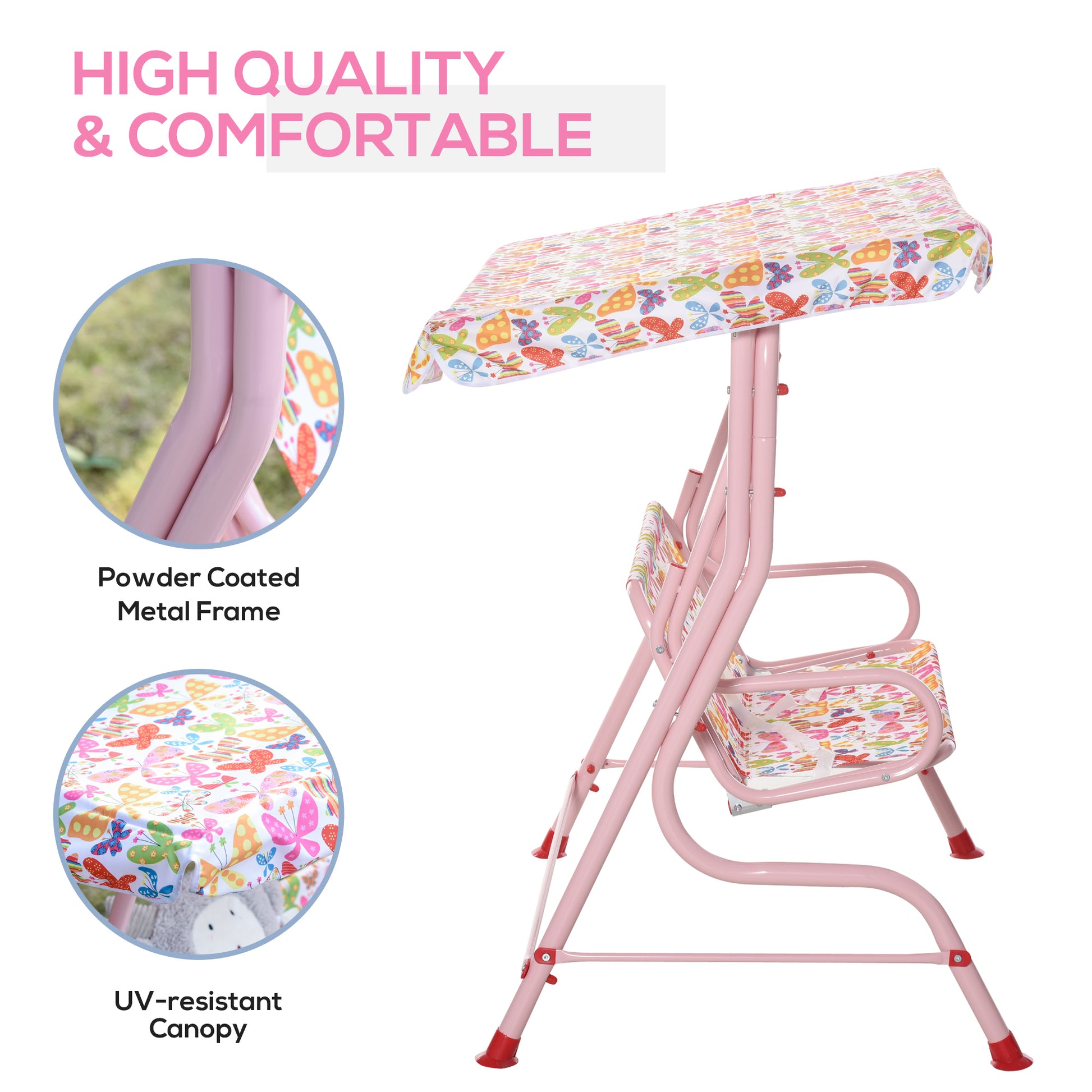 outsunny-2-seat-kids-canopy-garden-swing-chair-hammock-lounge-toddler-seat-belt-awning-pink