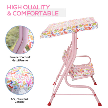 outsunny-2-seat-kids-canopy-garden-swing-chair-hammock-lounge-toddler-seat-belt-awning-pink