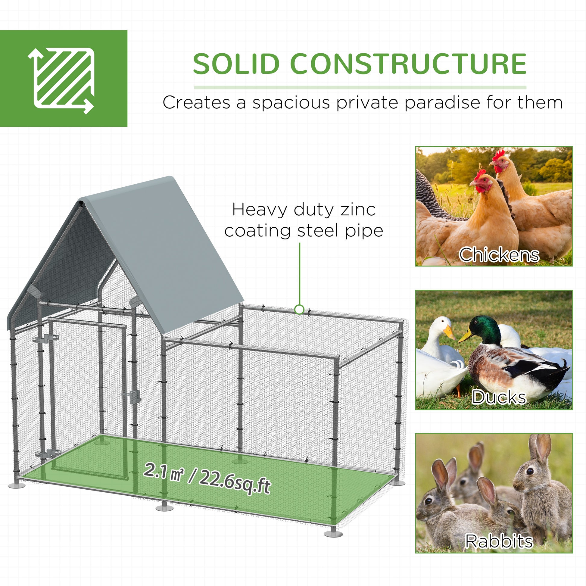 PawHut Chicken Run Coop, Large Galvanized Walk In Chicken House, Hen Poultry House Cage, Rabbit Hutch Metal Enclosure Outdoor, 200 x 105 x 172cm